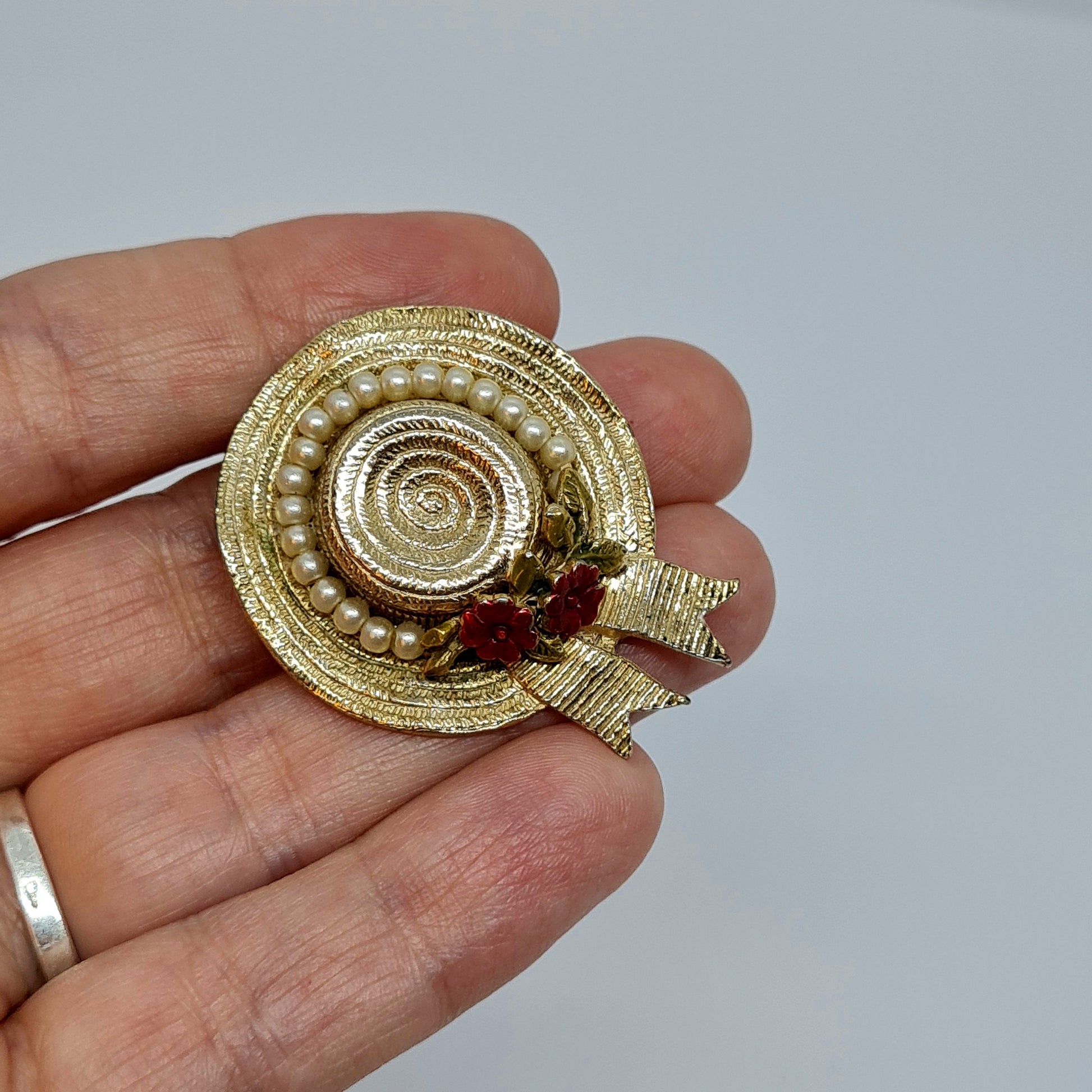 Vintage CINER Hat Brooch: Gold Tone, Enamel, Faux Pearl Pin