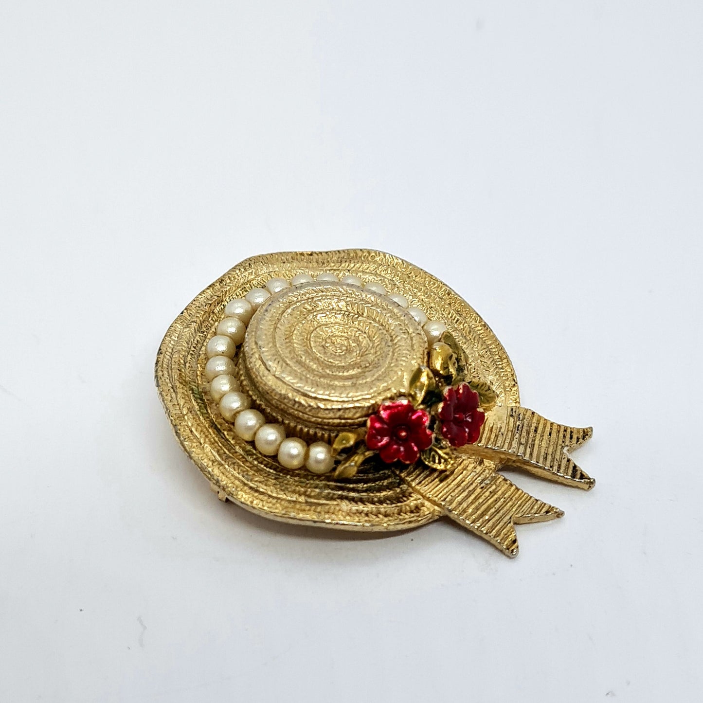 Vintage CINER Hat Brooch: Gold Tone, Enamel, Faux Pearl Pin