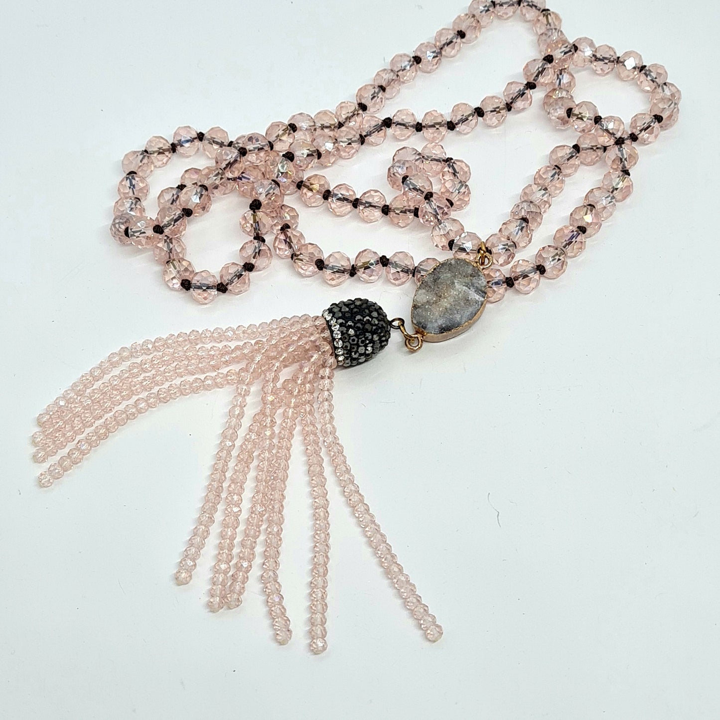 Vintage pink glass pendant necklace Pink AB glass beads and Quartz Druze with clear and black rhinestones Beads tassel pendant