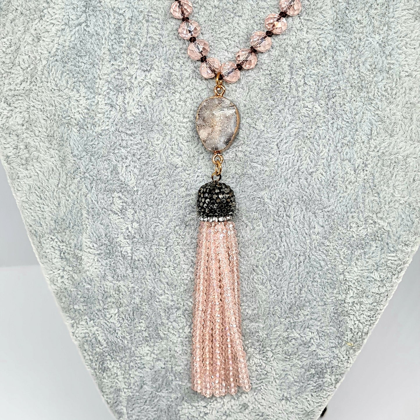 Vintage pink glass pendant necklace Pink AB glass beads and Quartz Druze with clear and black rhinestones Beads tassel pendant