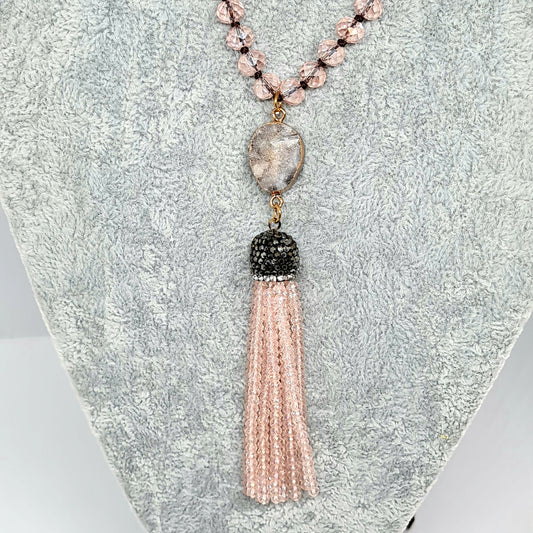 Vintage pink glass pendant necklace Pink AB glass beads and Quartz Druze with clear and black rhinestones Beads tassel pendant