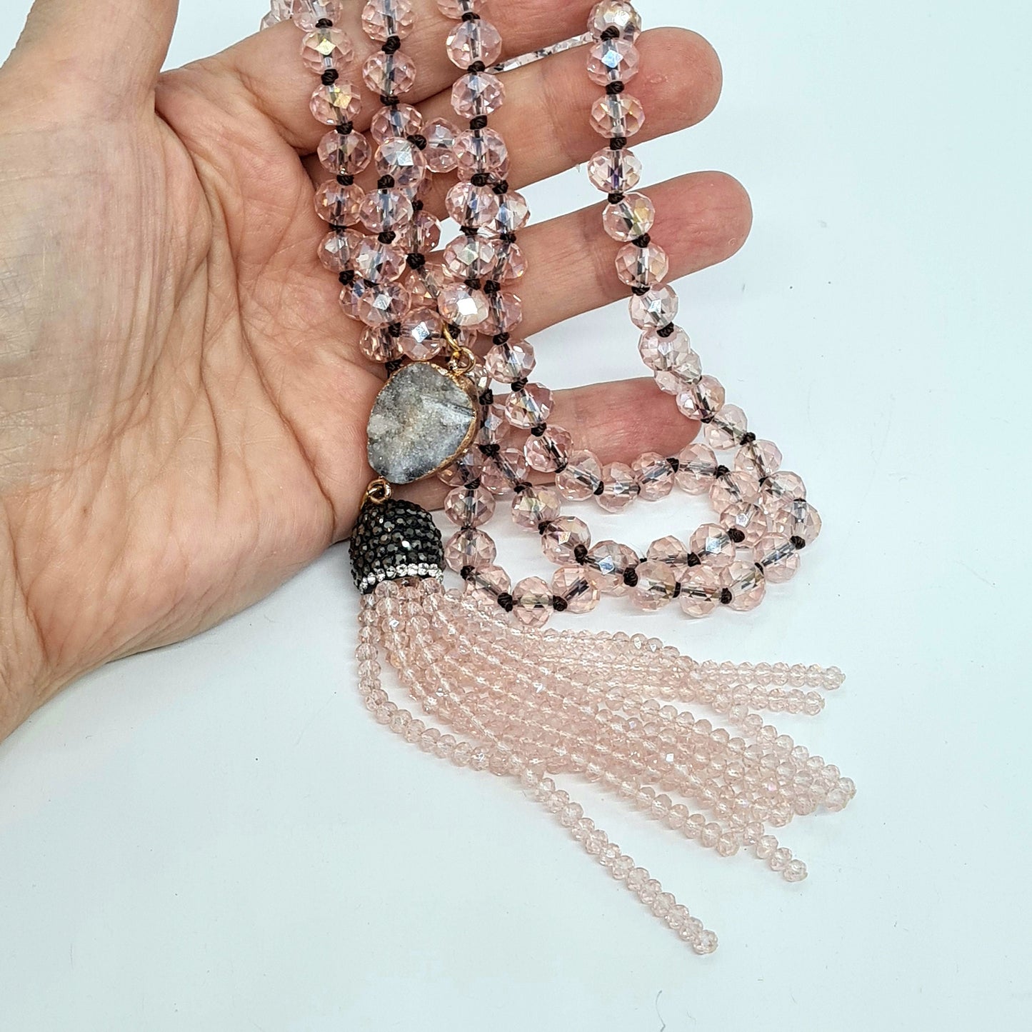 Vintage pink glass pendant necklace Pink AB glass beads and Quartz Druze with clear and black rhinestones Beads tassel pendant