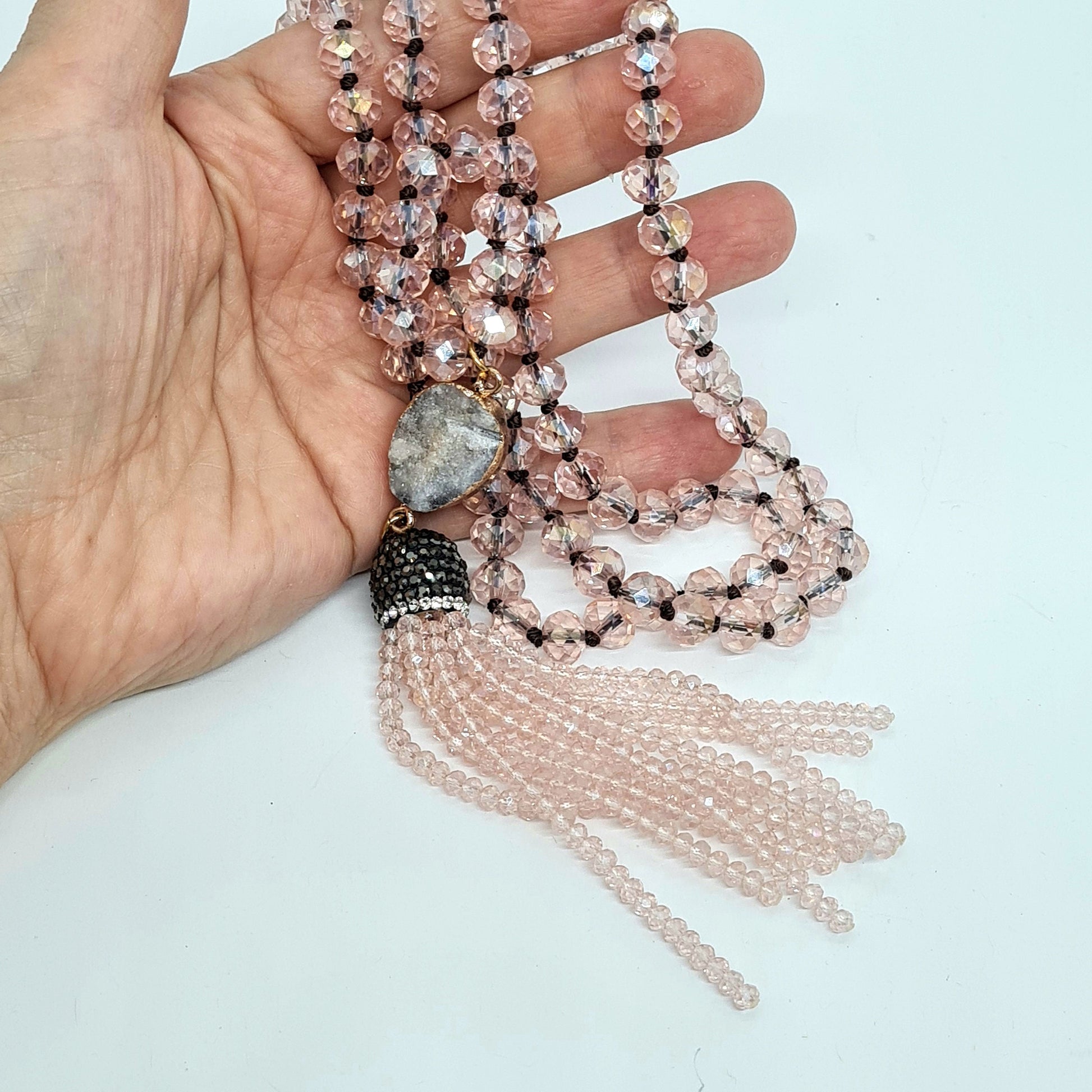 Vintage pink glass pendant necklace Pink AB glass beads and Quartz Druze with clear and black rhinestones Beads tassel pendant