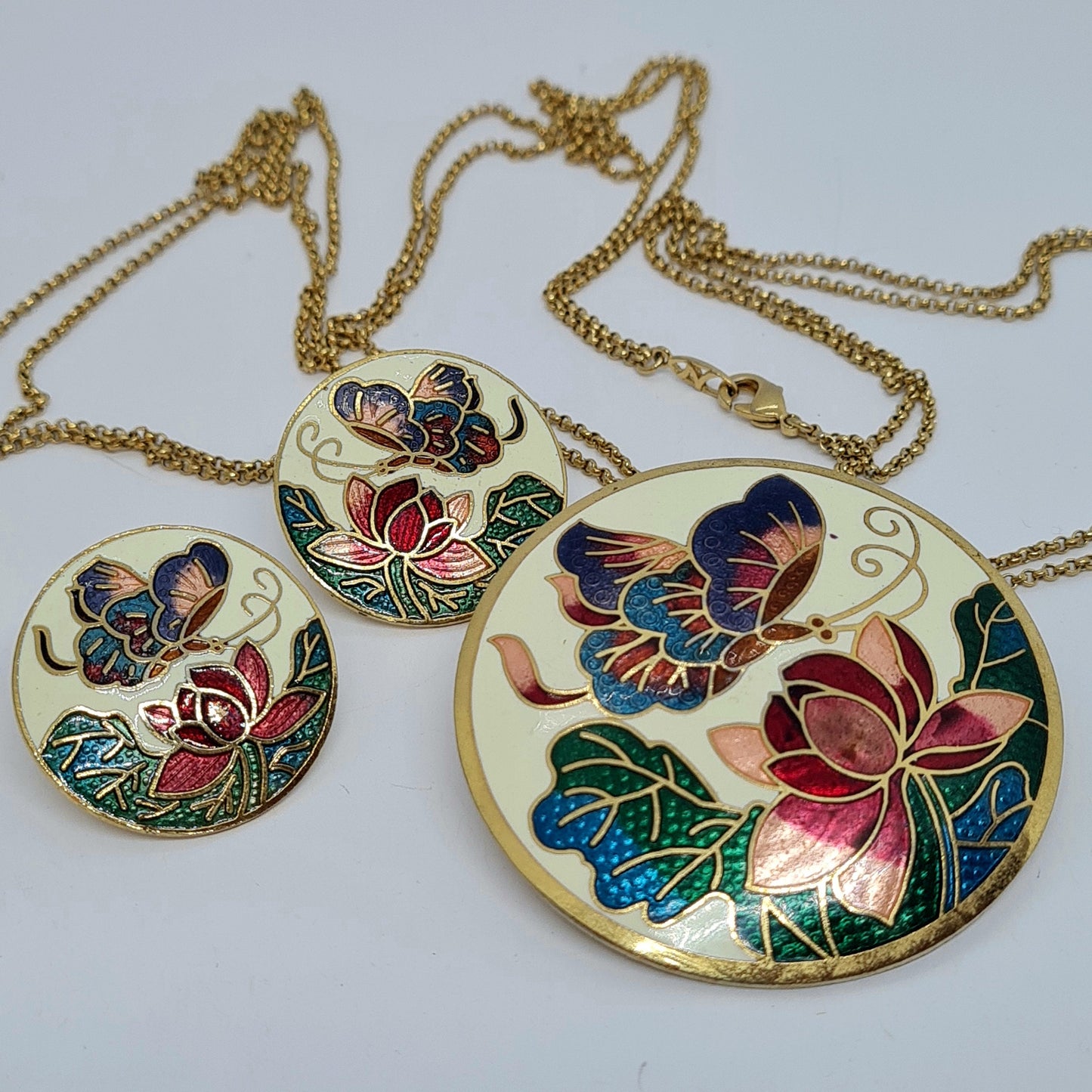Vintage SEA GEMS cloisonne jewelry set Gold-tone metal double-strand long chain with enamel Cloisonne butterfly necklace and earrings set