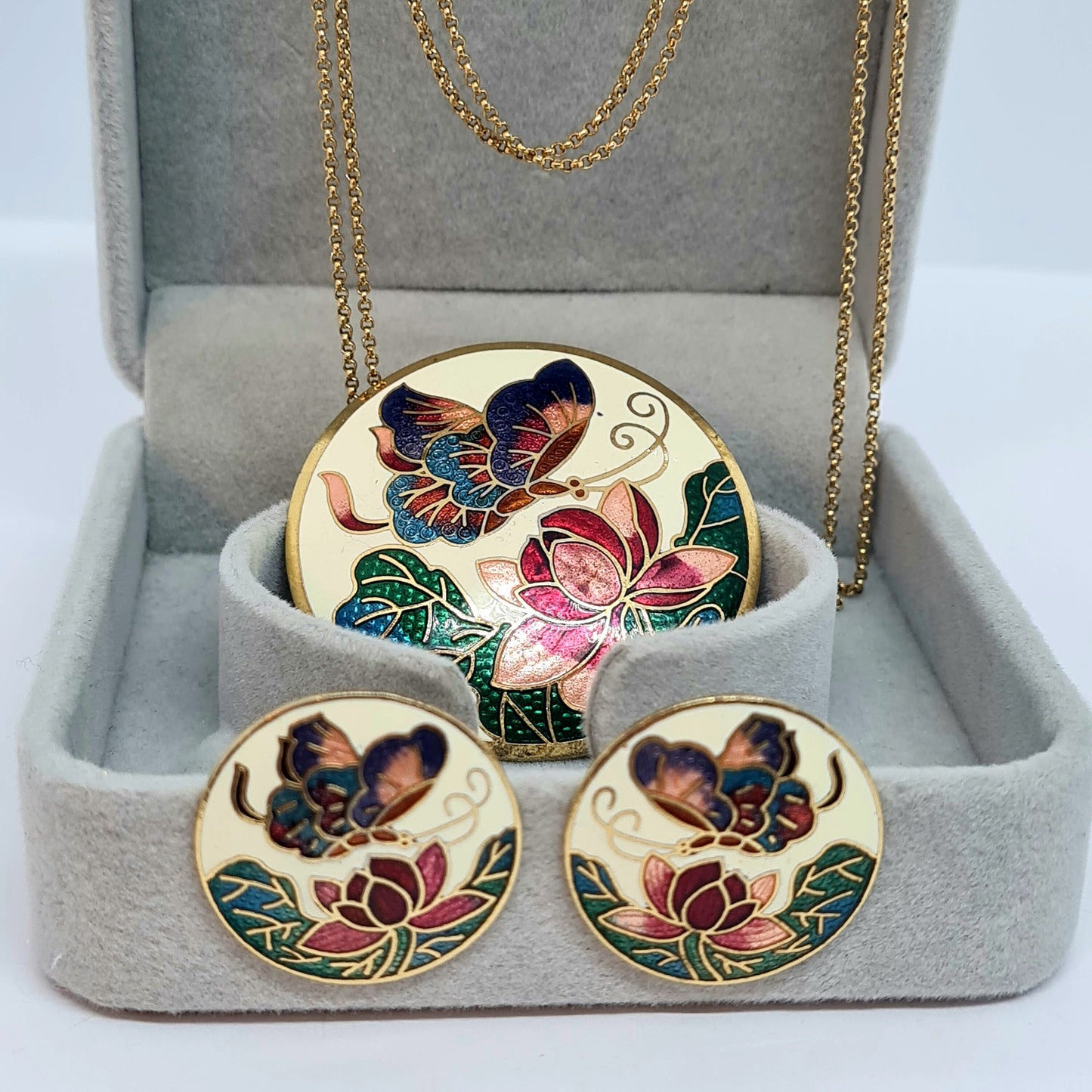 Vintage SEA GEMS cloisonne jewelry set Gold-tone metal double-strand long chain with enamel Cloisonne butterfly necklace and earrings set