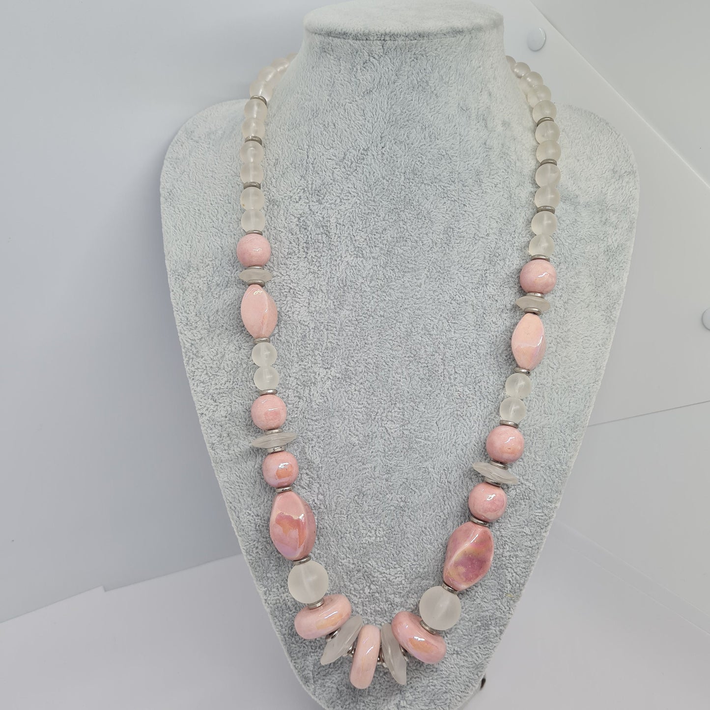 Vintage JAPAN pink ceramic necklace Silver tone metal with pink ceramic and clear lucite beads Designer beaded necklace