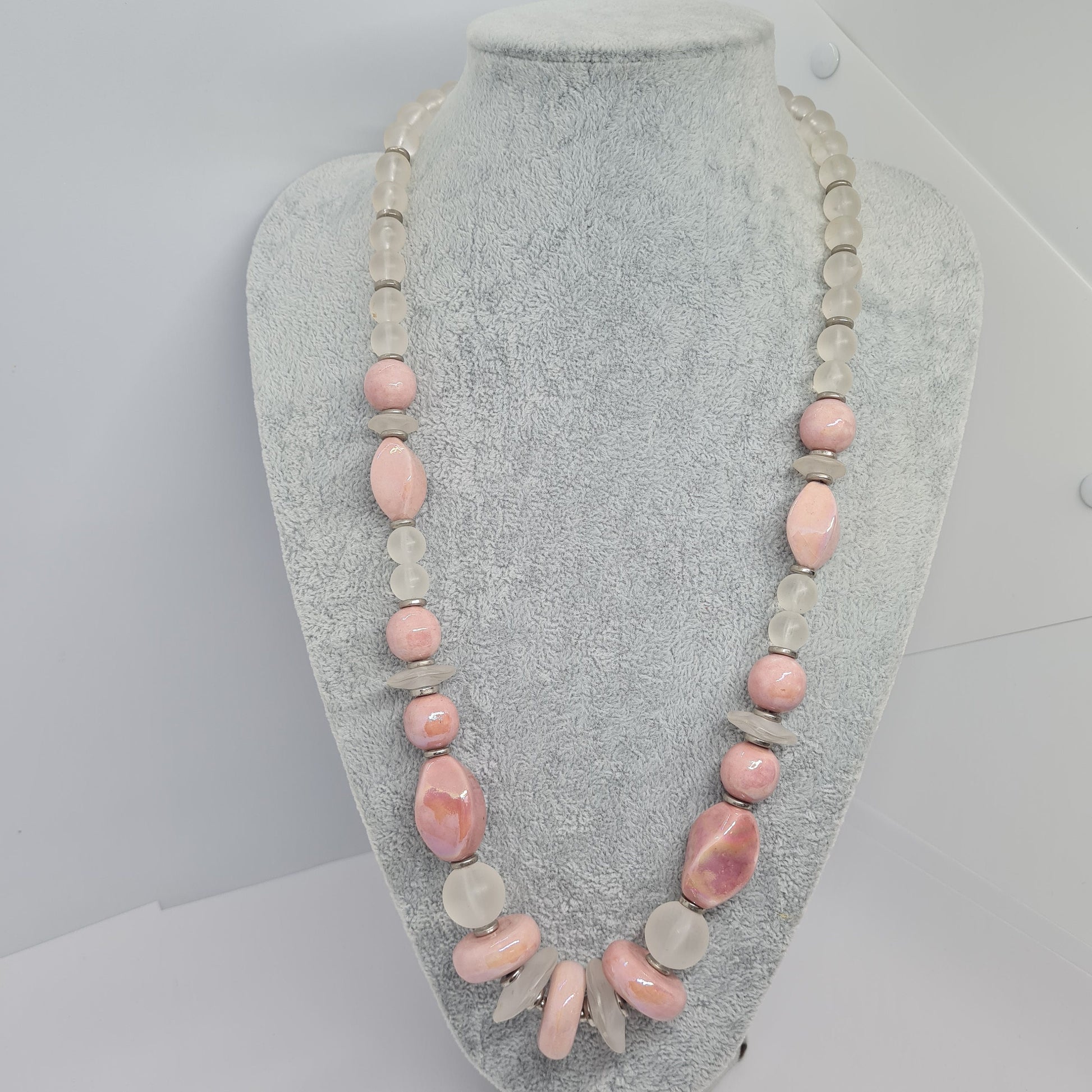 Vintage JAPAN pink ceramic necklace Silver tone metal with pink ceramic and clear lucite beads Designer beaded necklace