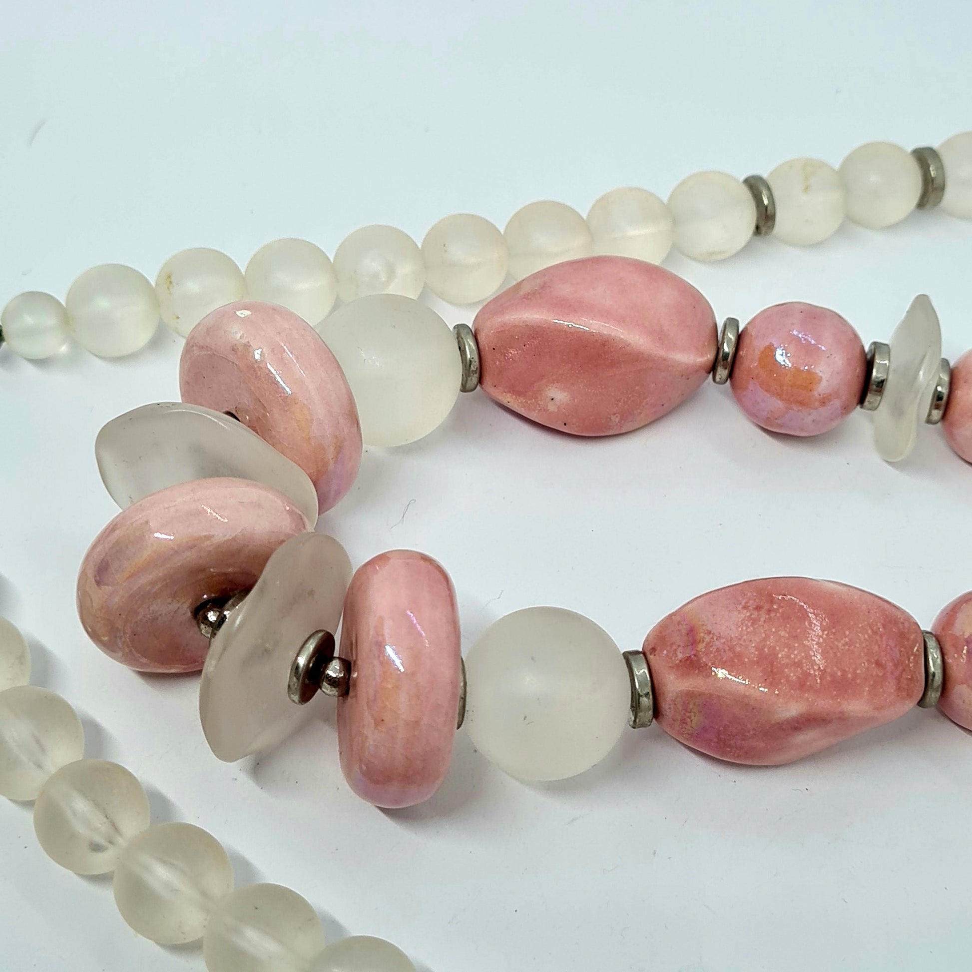 Vintage JAPAN pink ceramic necklace Silver tone metal with pink ceramic and clear lucite beads Designer beaded necklace
