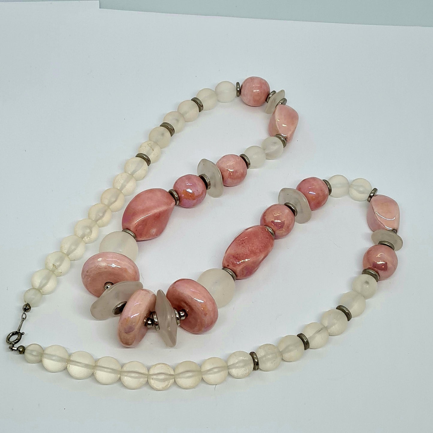 Vintage JAPAN pink ceramic necklace Silver tone metal with pink ceramic and clear lucite beads Designer beaded necklace