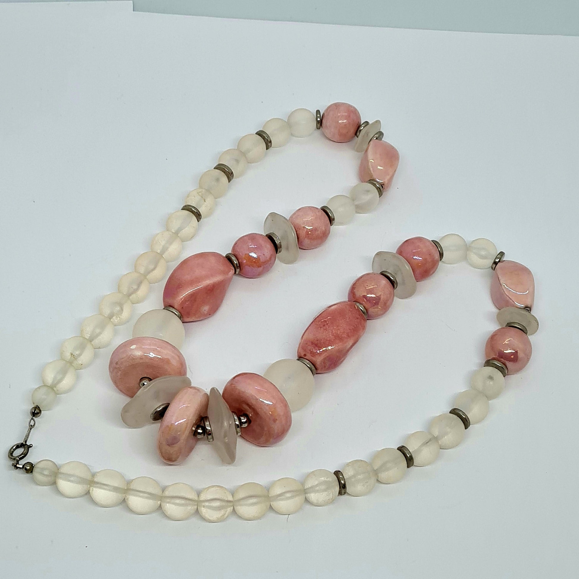 Vintage JAPAN pink ceramic necklace Silver tone metal with pink ceramic and clear lucite beads Designer beaded necklace