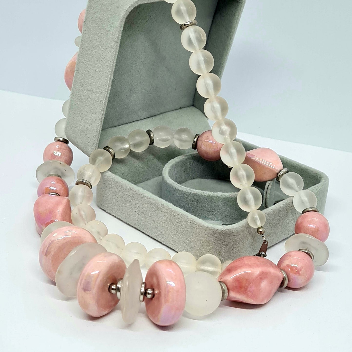 Vintage JAPAN pink ceramic necklace Silver tone metal with pink ceramic and clear lucite beads Designer beaded necklace