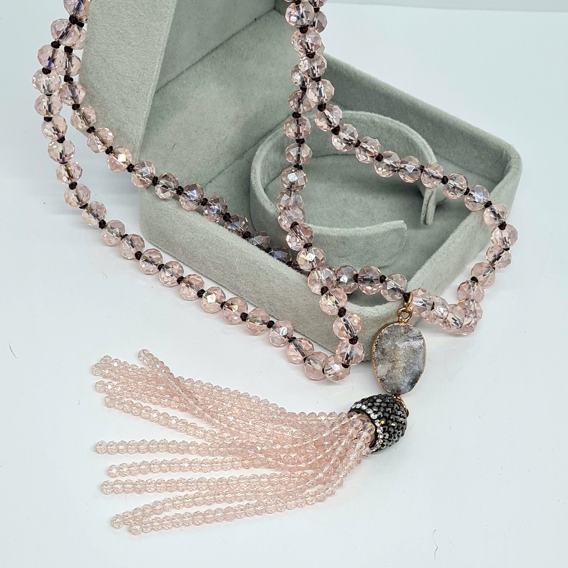 Vintage pink glass pendant necklace Pink AB glass beads and Quartz Druze with clear and black rhinestones Beads tassel pendant