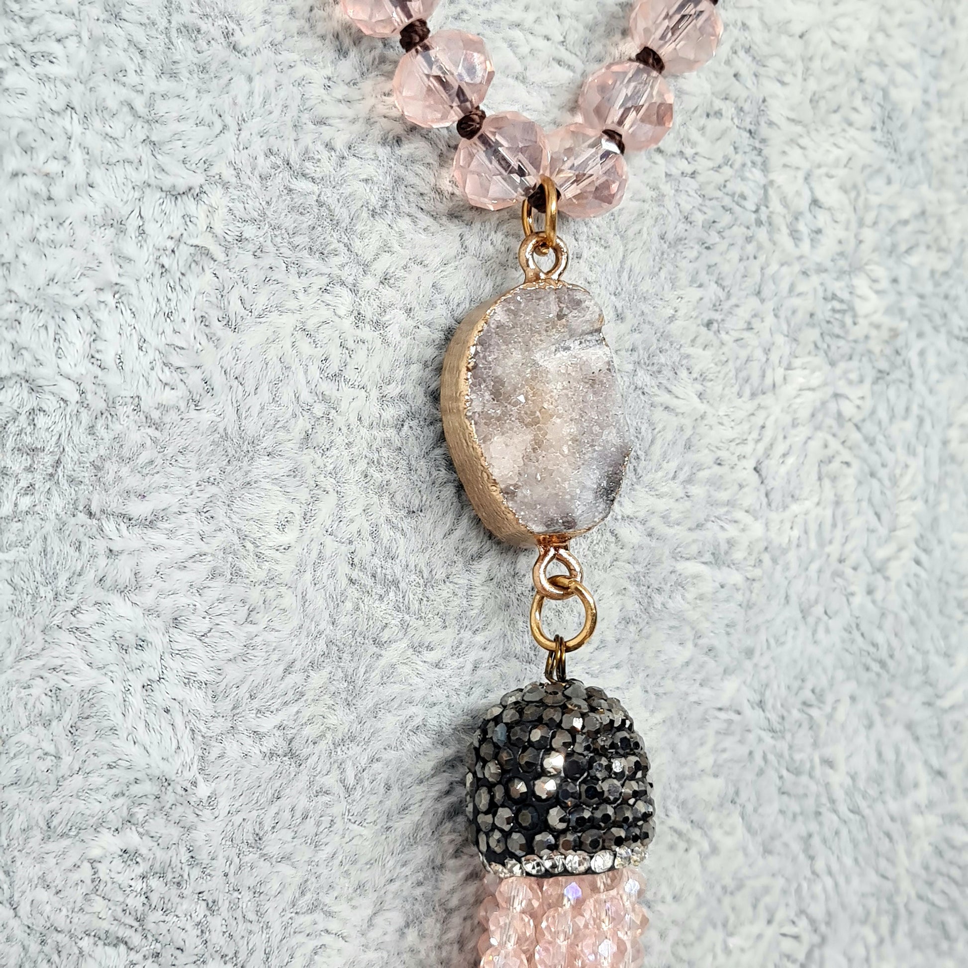 Vintage pink glass pendant necklace Pink AB glass beads and Quartz Druze with clear and black rhinestones Beads tassel pendant