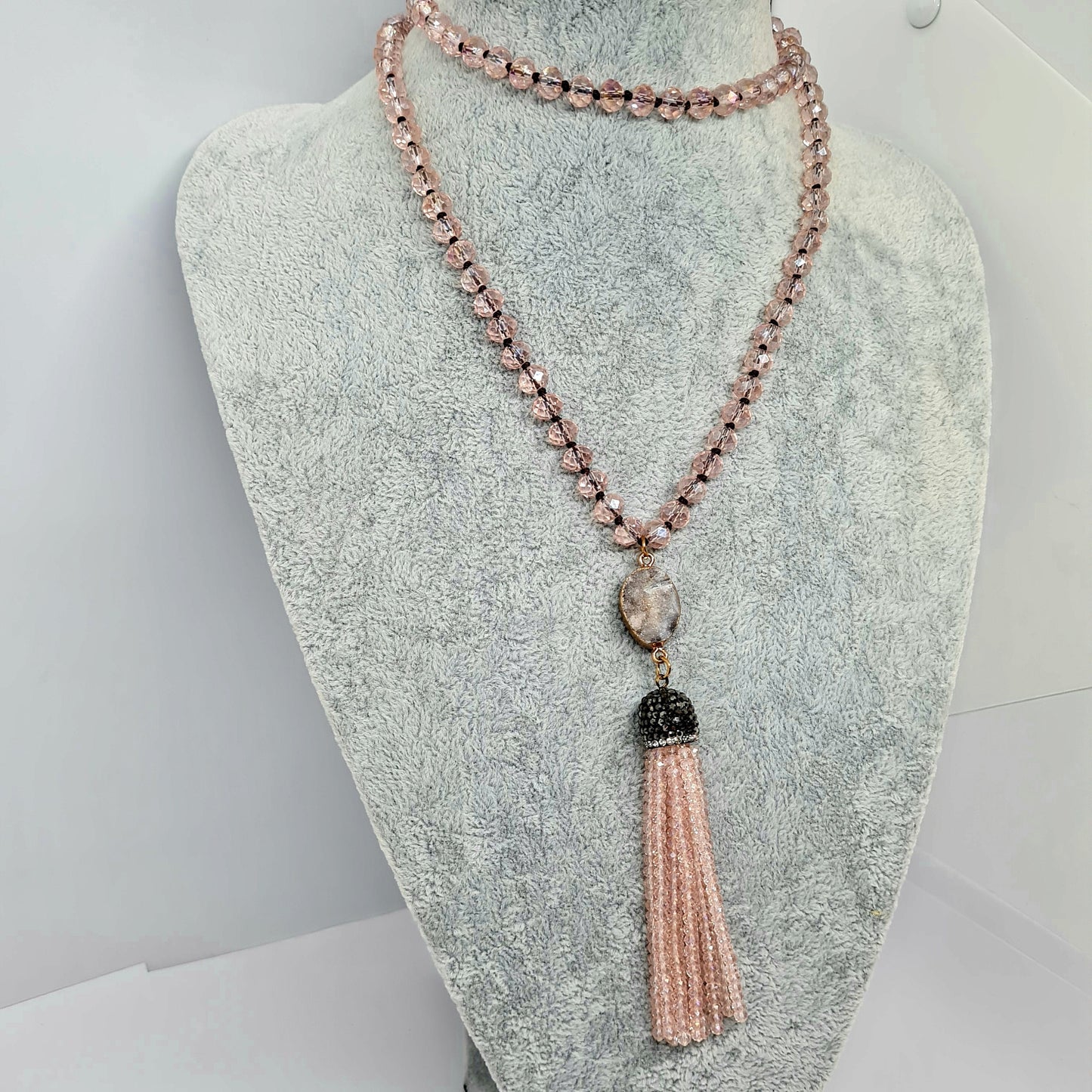 Vintage pink glass pendant necklace Pink AB glass beads and Quartz Druze with clear and black rhinestones Beads tassel pendant