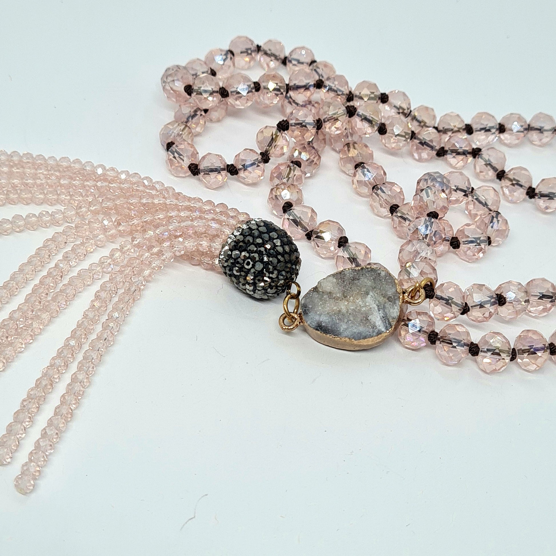 Vintage pink glass pendant necklace Pink AB glass beads and Quartz Druze with clear and black rhinestones Beads tassel pendant