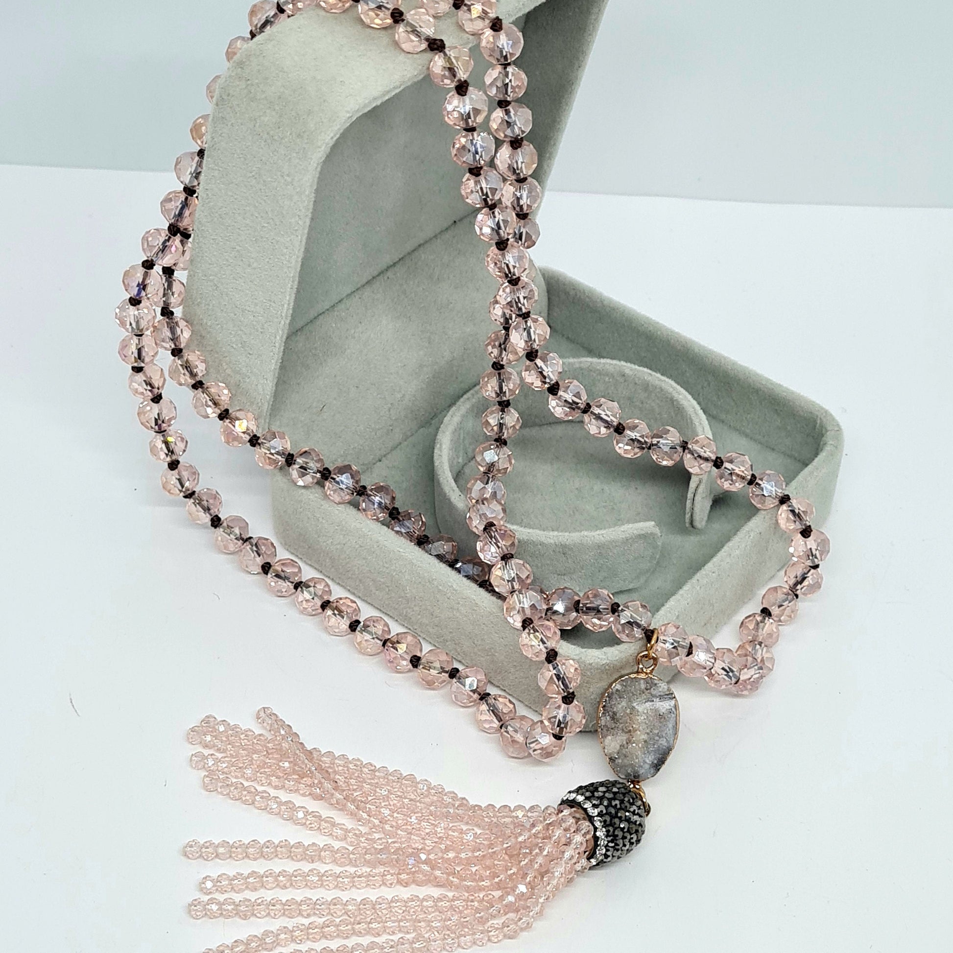 Vintage pink glass pendant necklace Pink AB glass beads and Quartz Druze with clear and black rhinestones Beads tassel pendant