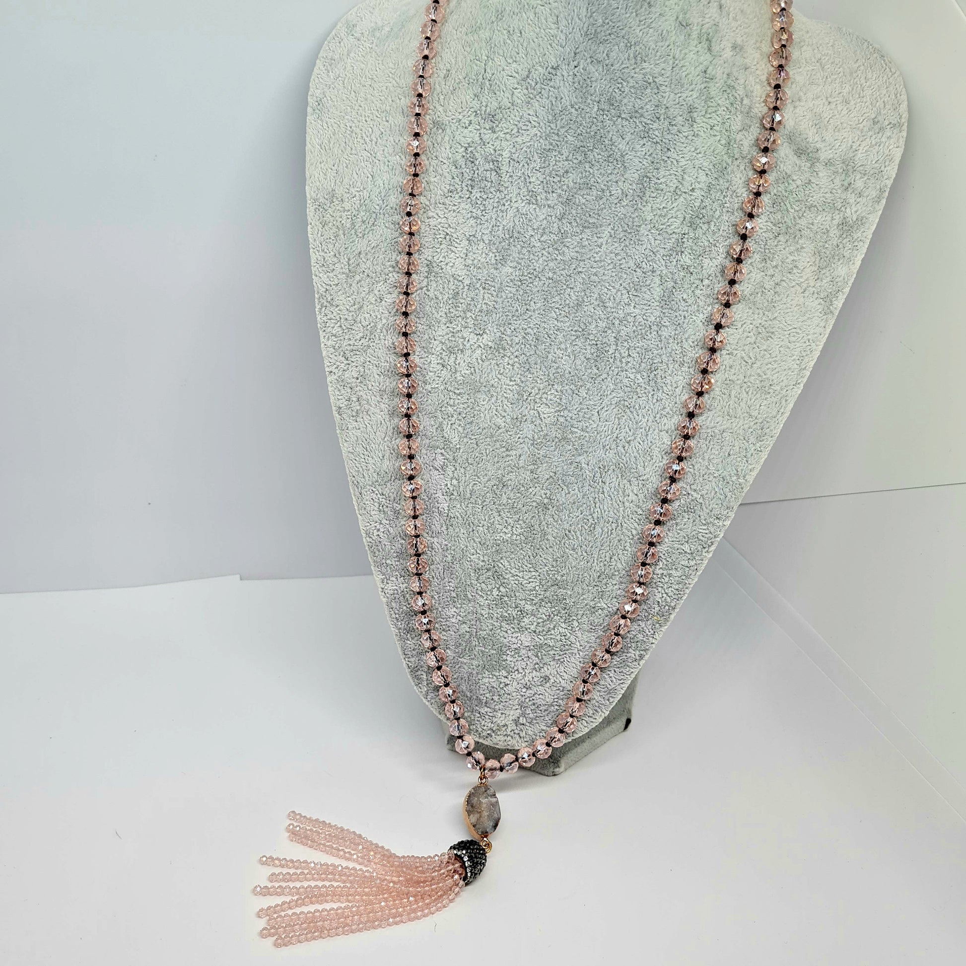 Vintage pink glass pendant necklace Pink AB glass beads and Quartz Druze with clear and black rhinestones Beads tassel pendant