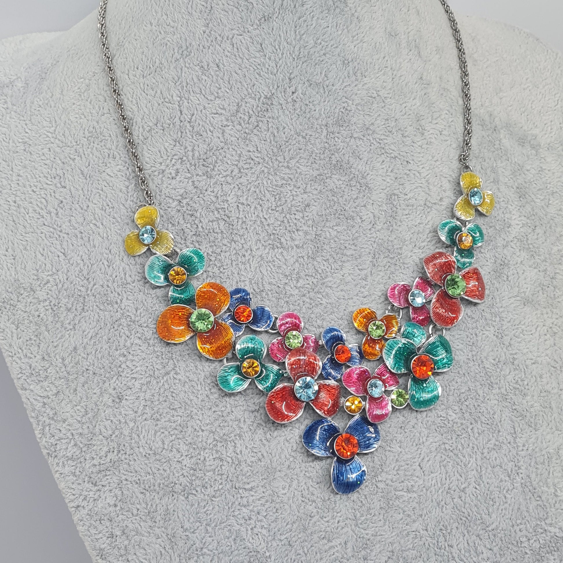 Vintage Floral Enamel Rhinestone Choker Necklace