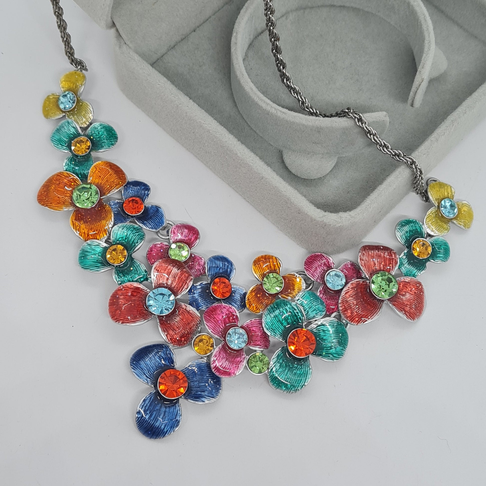 Vintage Floral Enamel Rhinestone Choker Necklace