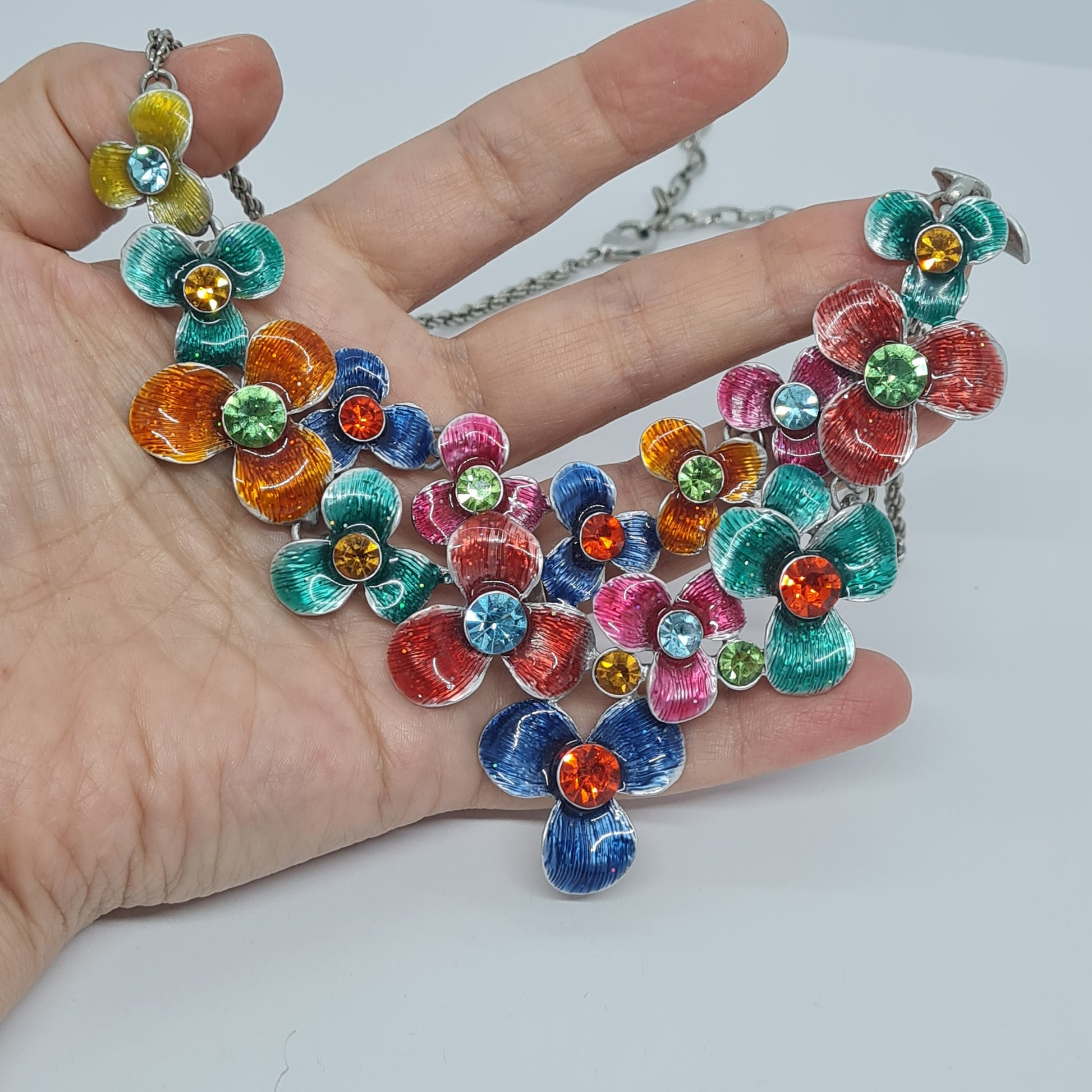 Vintage Floral Enamel Rhinestone Choker Necklace