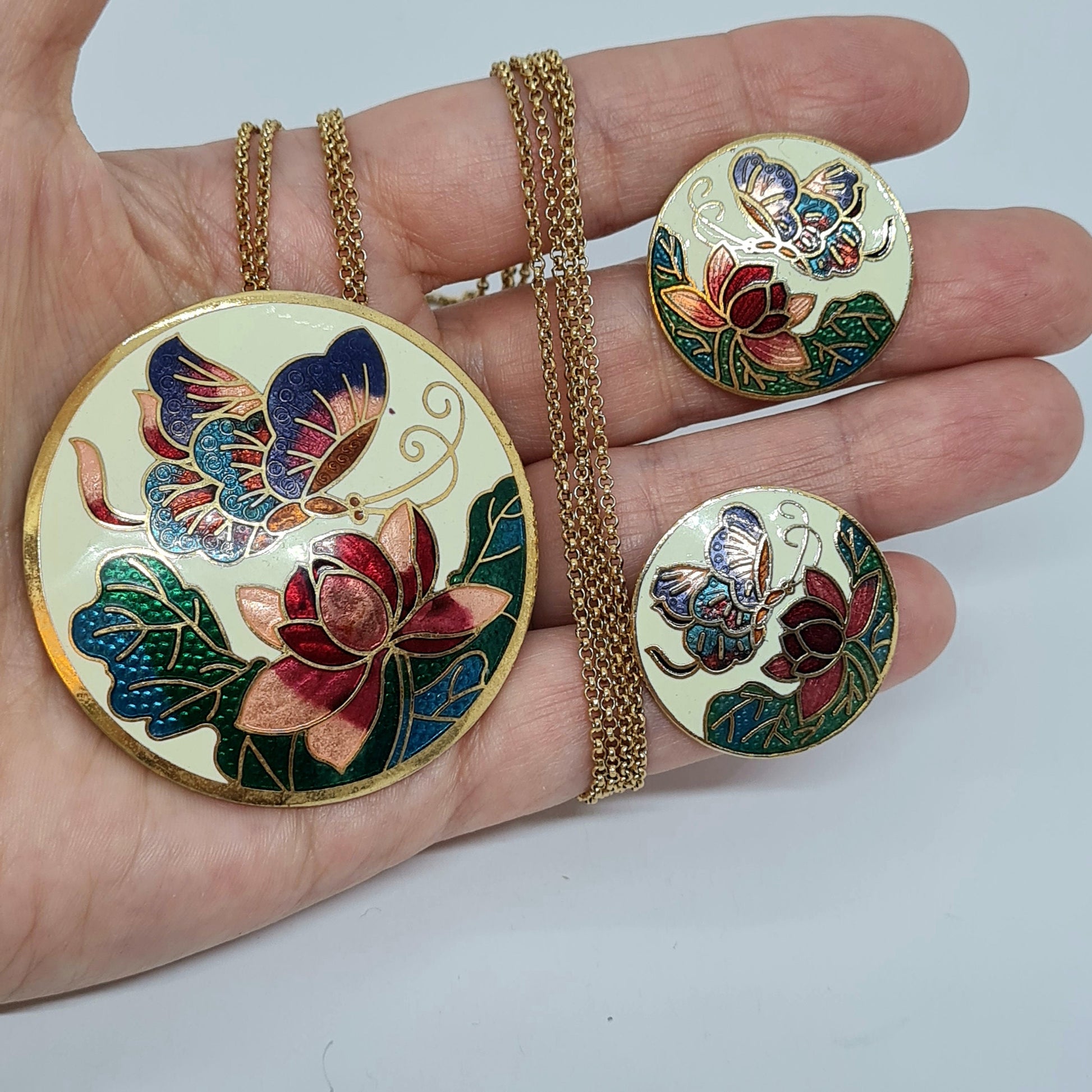 Vintage SEA GEMS cloisonne jewelry set Gold-tone metal double-strand long chain with enamel Cloisonne butterfly necklace and earrings set