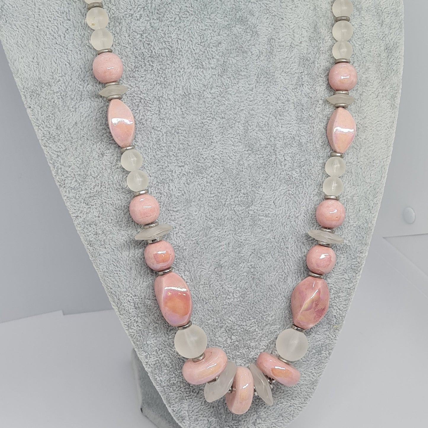 Vintage JAPAN pink ceramic necklace Silver tone metal with pink ceramic and clear lucite beads Designer beaded necklace