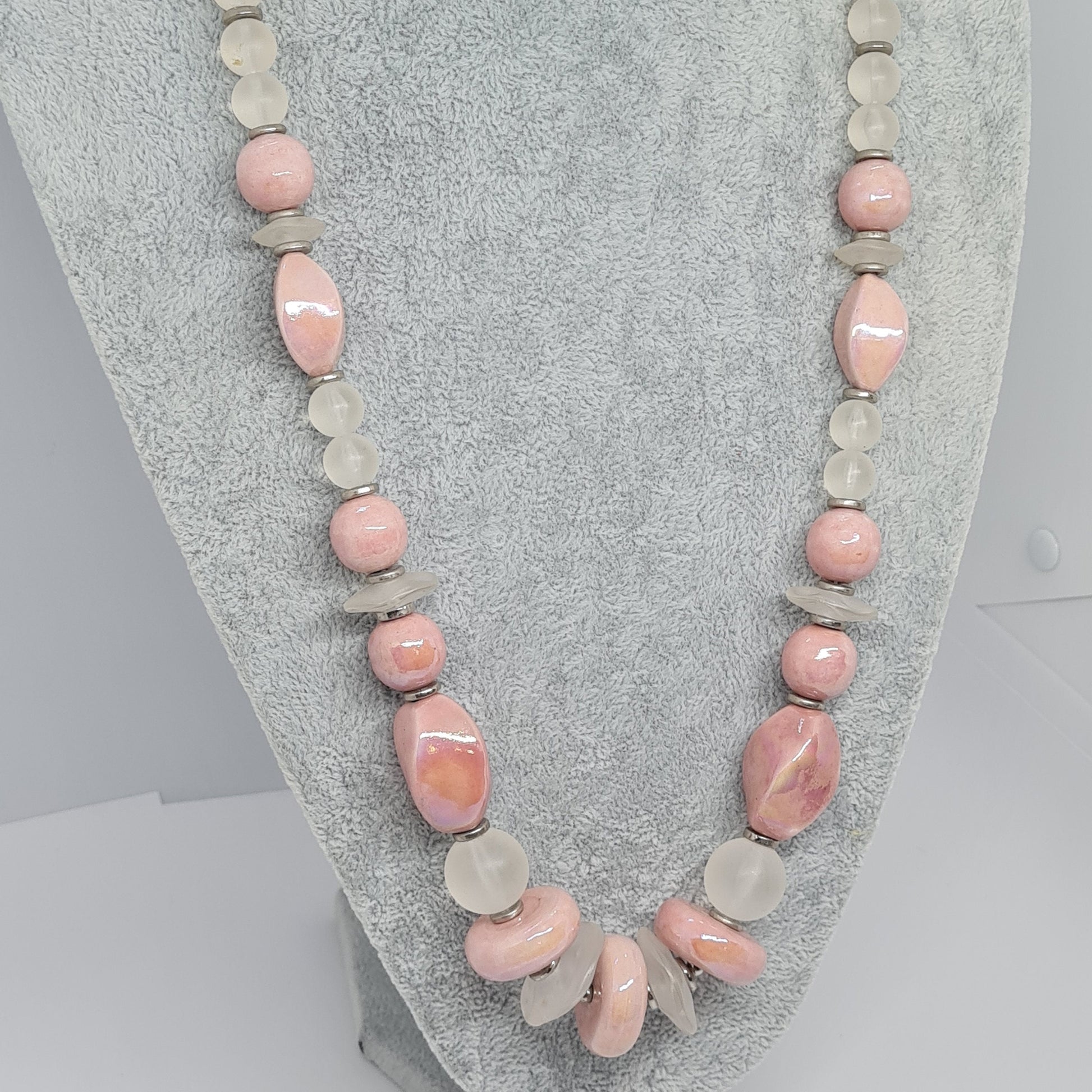 Vintage JAPAN pink ceramic necklace Silver tone metal with pink ceramic and clear lucite beads Designer beaded necklace