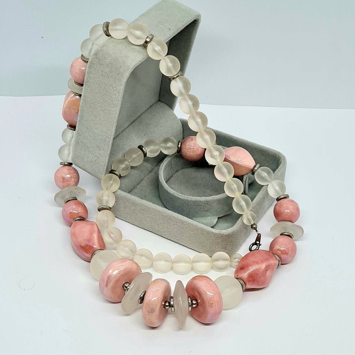 Vintage JAPAN pink ceramic necklace Silver tone metal with pink ceramic and clear lucite beads Designer beaded necklace