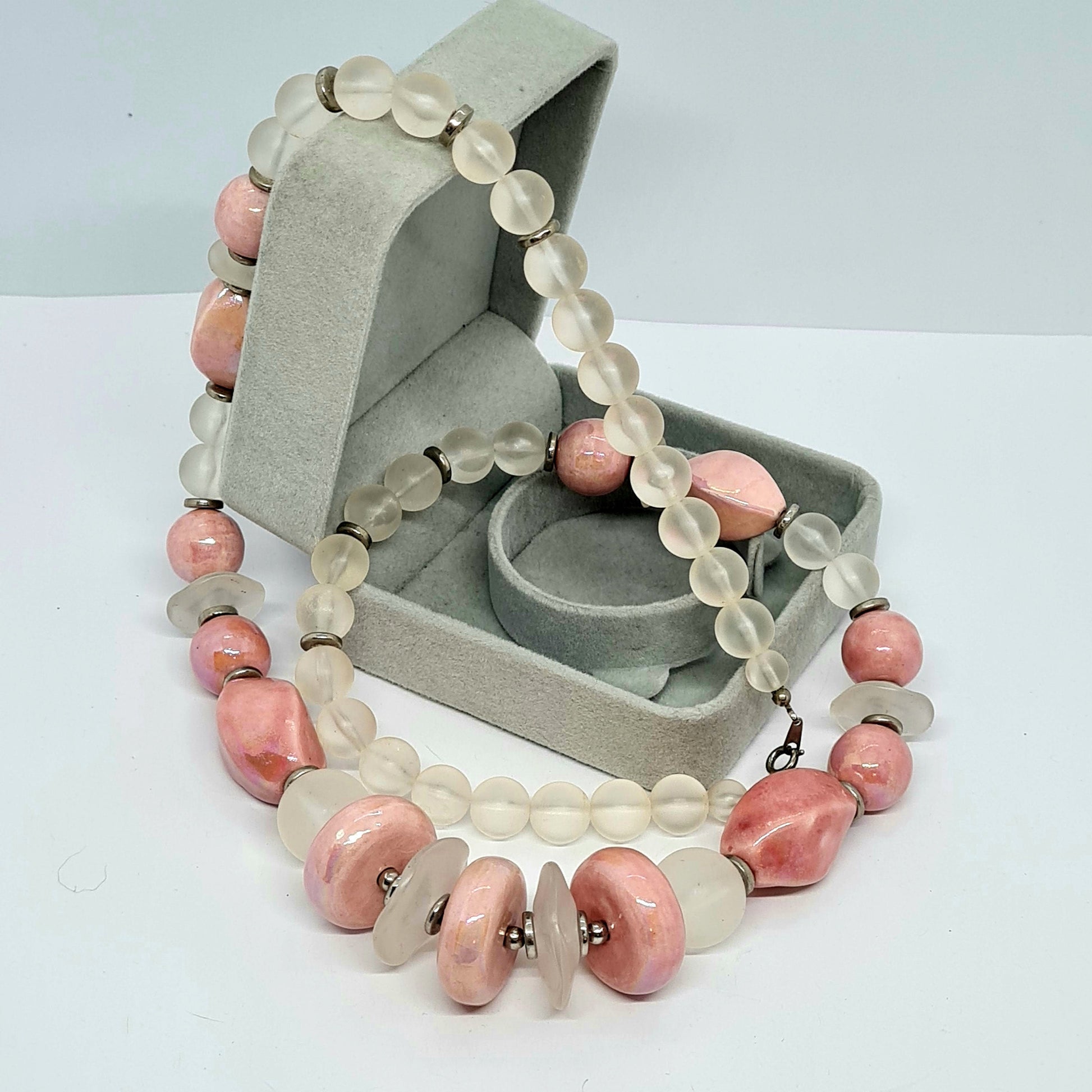 Vintage JAPAN pink ceramic necklace Silver tone metal with pink ceramic and clear lucite beads Designer beaded necklace