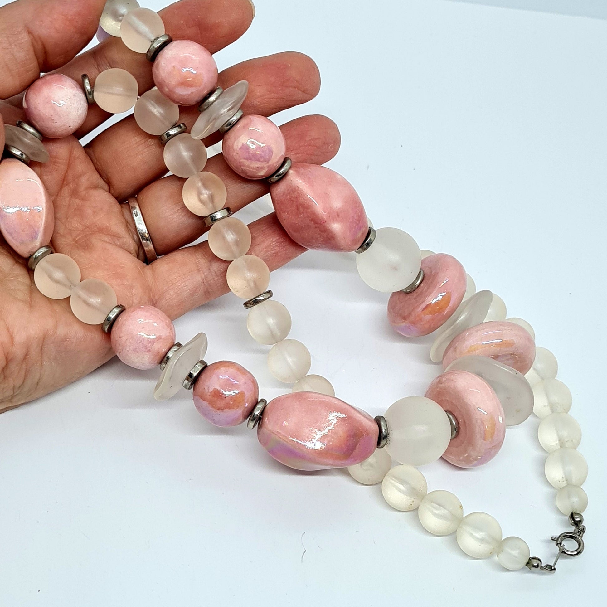 Vintage JAPAN pink ceramic necklace Silver tone metal with pink ceramic and clear lucite beads Designer beaded necklace