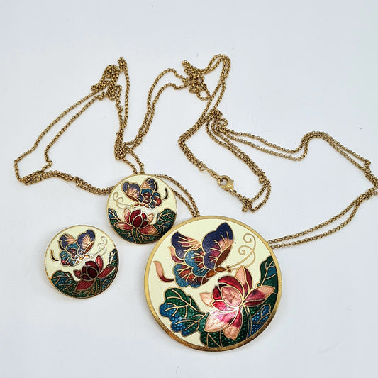 Vintage SEA GEMS cloisonne jewelry set Gold-tone metal double-strand long chain with enamel Cloisonne butterfly necklace and earrings set