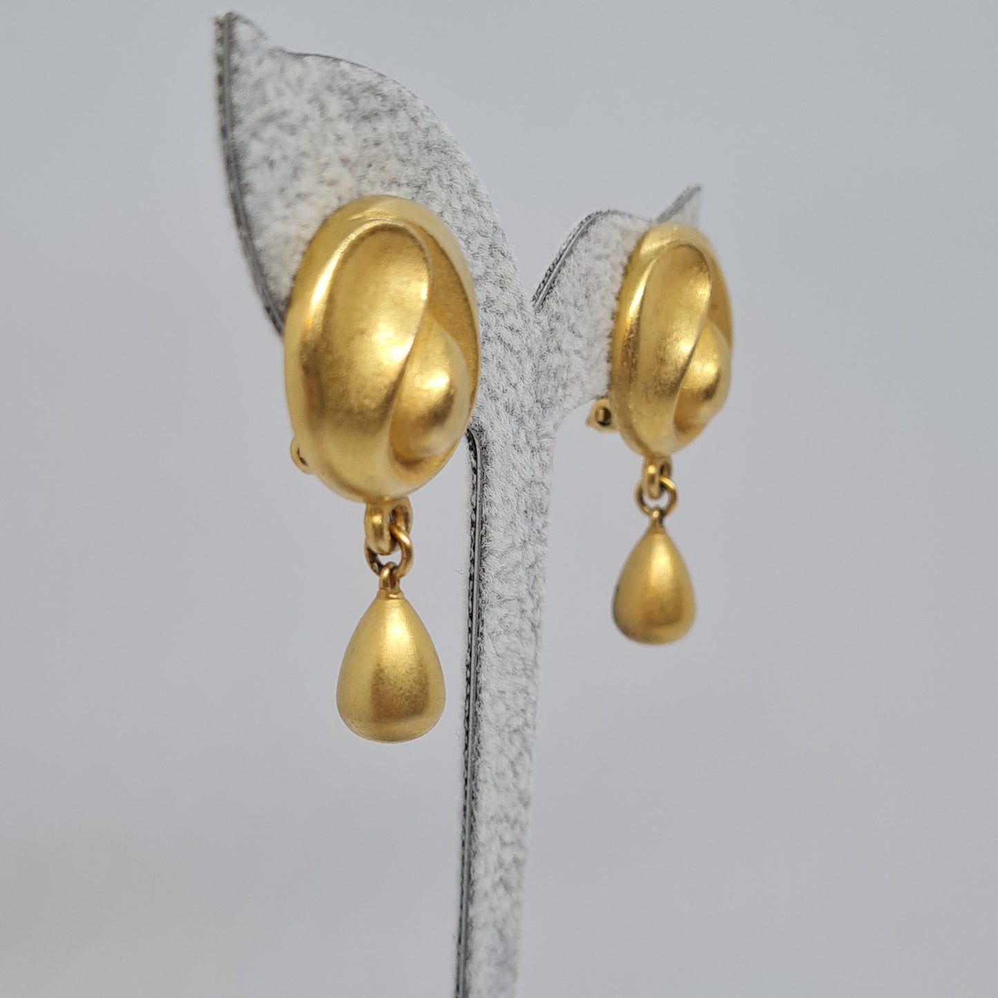 Vintage Donna Karan Clip On Earrings: Gold Tone Teardrop Pendant