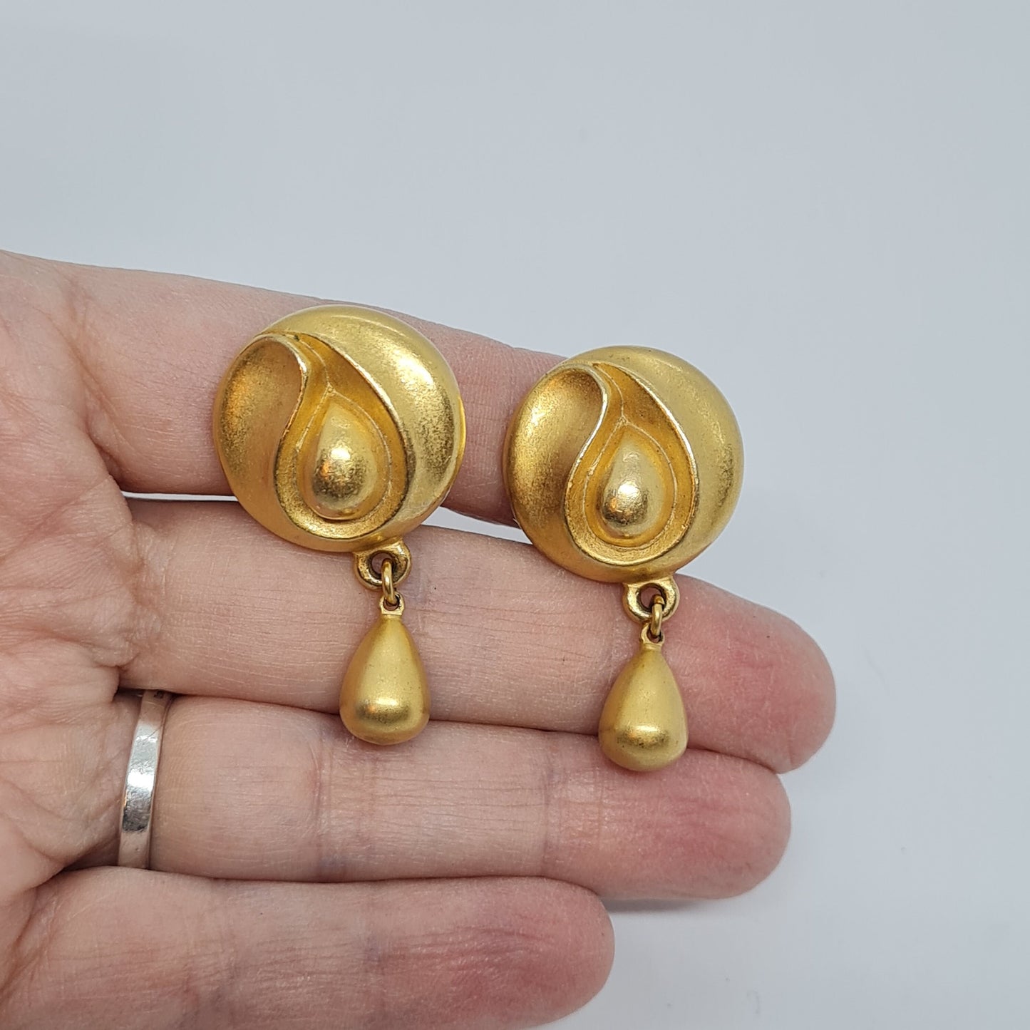 Vintage Donna Karan Clip On Earrings: Gold Tone Teardrop Pendant