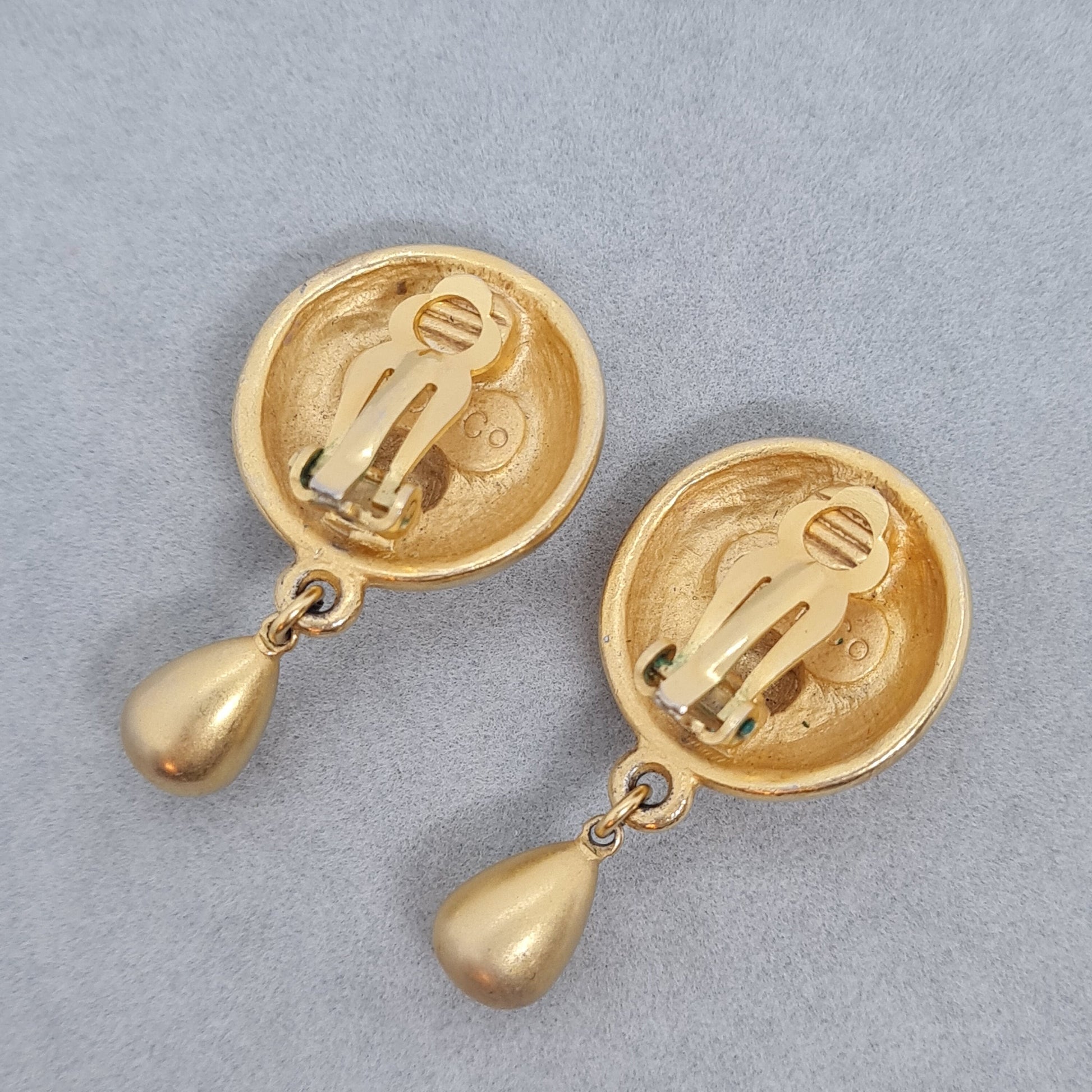 Vintage Donna Karan Clip On Earrings: Gold Tone Teardrop Pendant