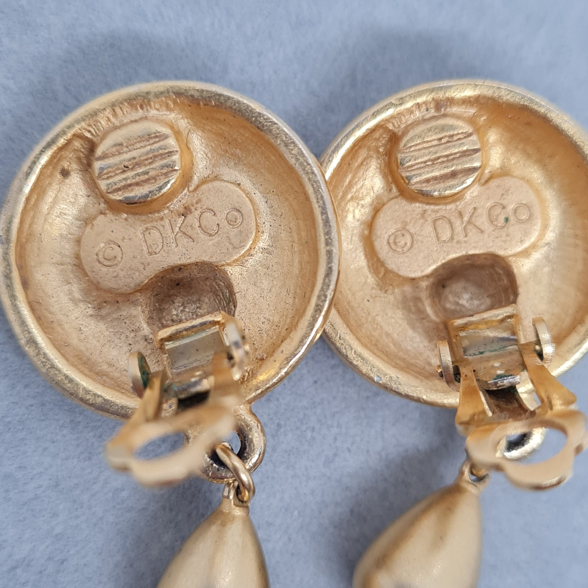 Vintage Donna Karan Clip On Earrings: Gold Tone Teardrop Pendant