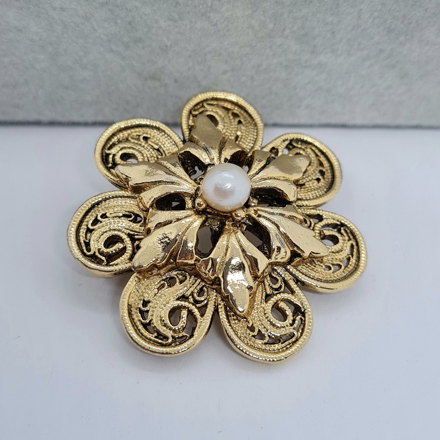 Vintage filigree brooch Textured gold tone metal with faux pearl floral brooch pin