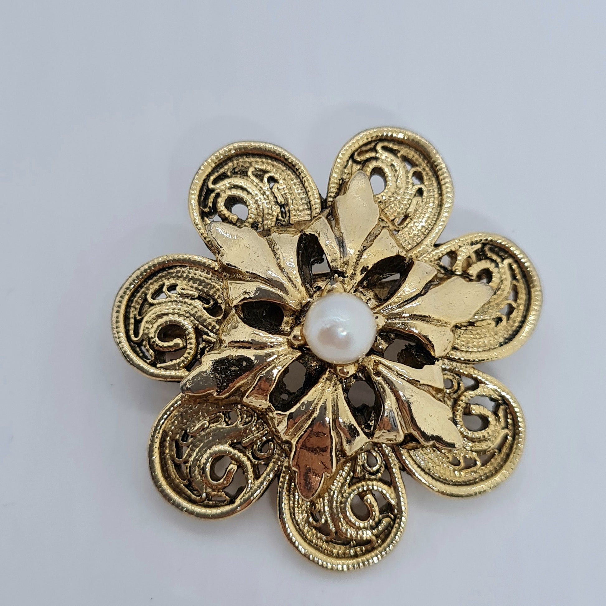 Vintage filigree brooch Textured gold tone metal with faux pearl floral brooch pin