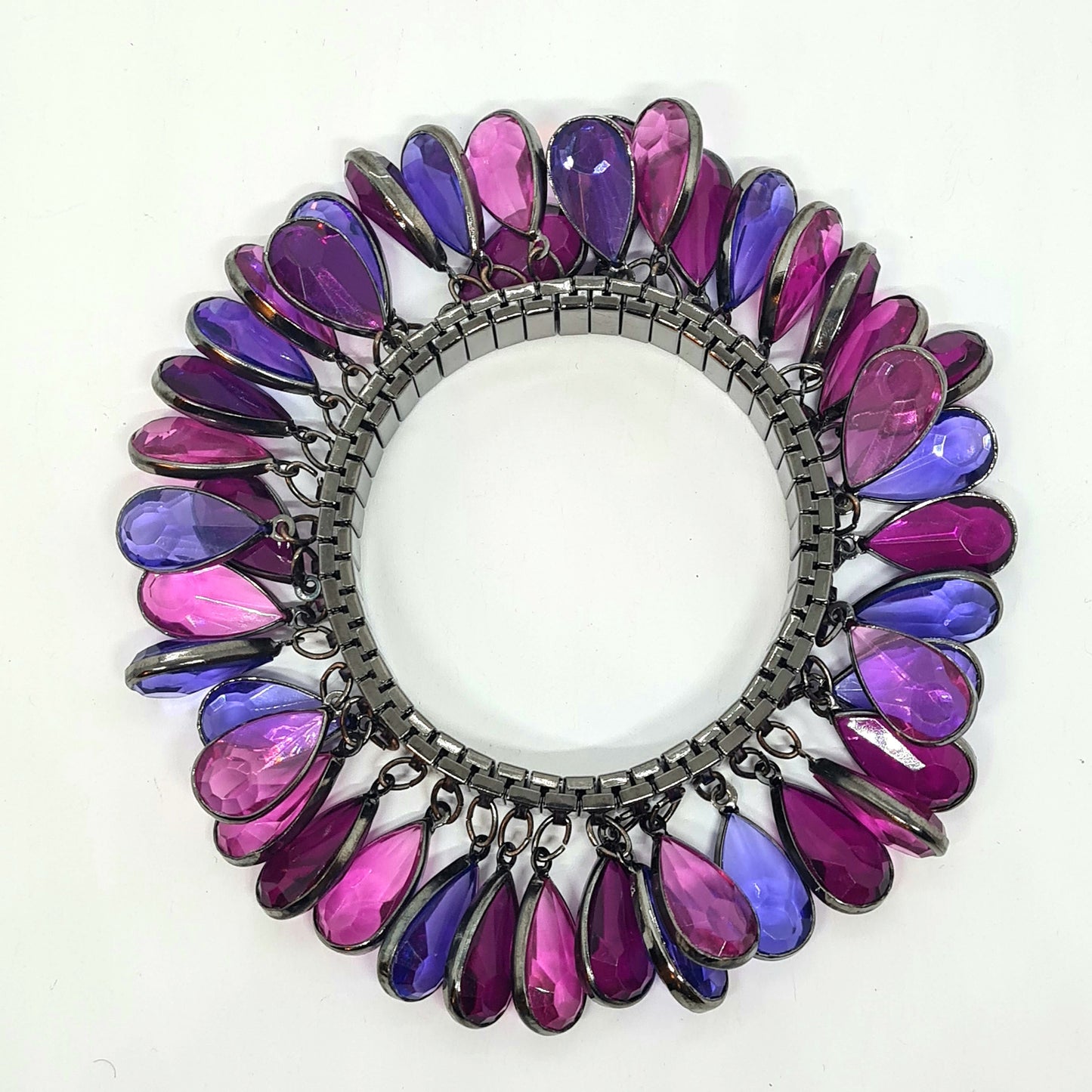 Vintage expanding flex bracelet with purple plastic bezel charms Black tone metal cha cha bracelet