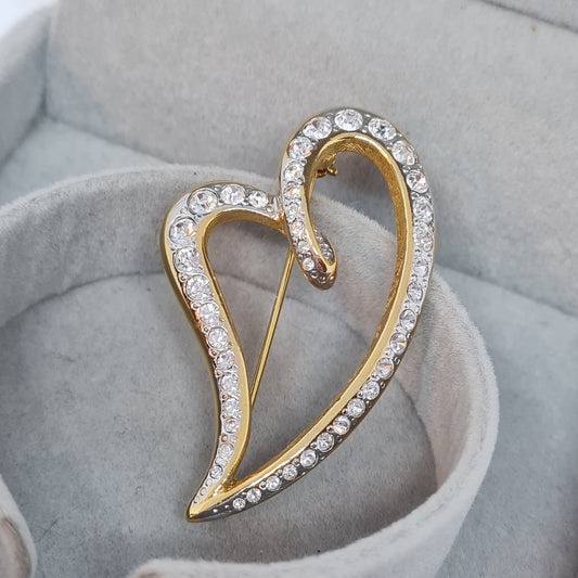 Vintage Rhinestone Heart Brooch: Gold Tone Valentine's Gift