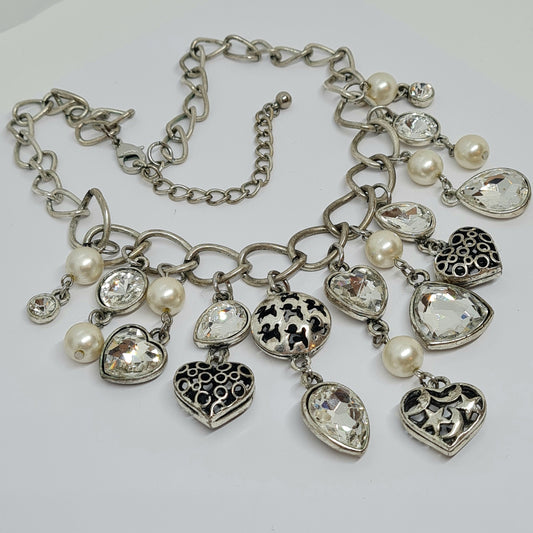 Vintage heart charms necklace Silver tone chain with hearts and faux pearl beads Charms necklace gift for women