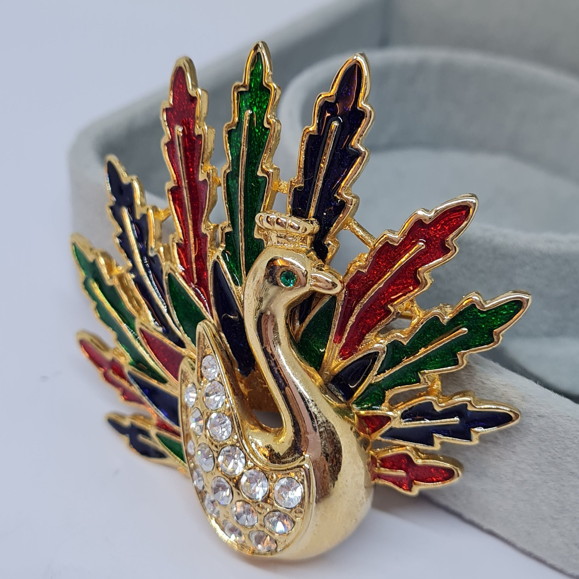 Vintage Peacock brooch Gold tone metal with enamel and rhinestones brooch pin