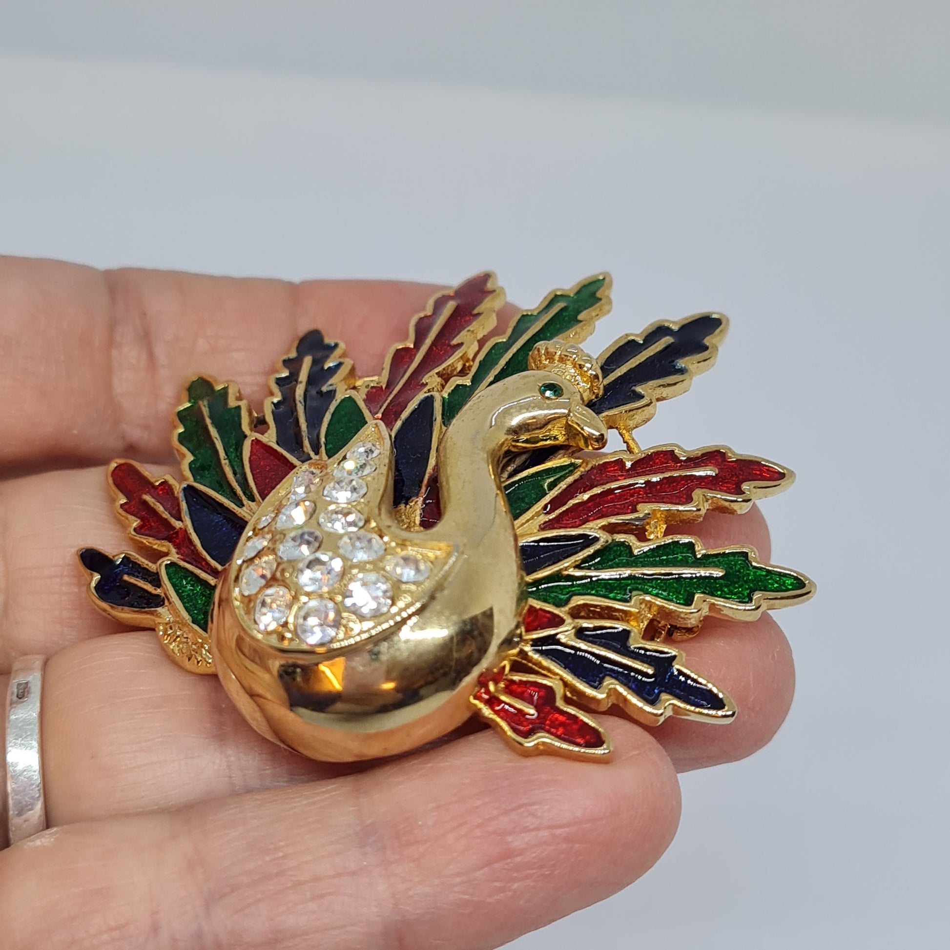 Vintage Peacock brooch Gold tone metal with enamel and rhinestones brooch pin