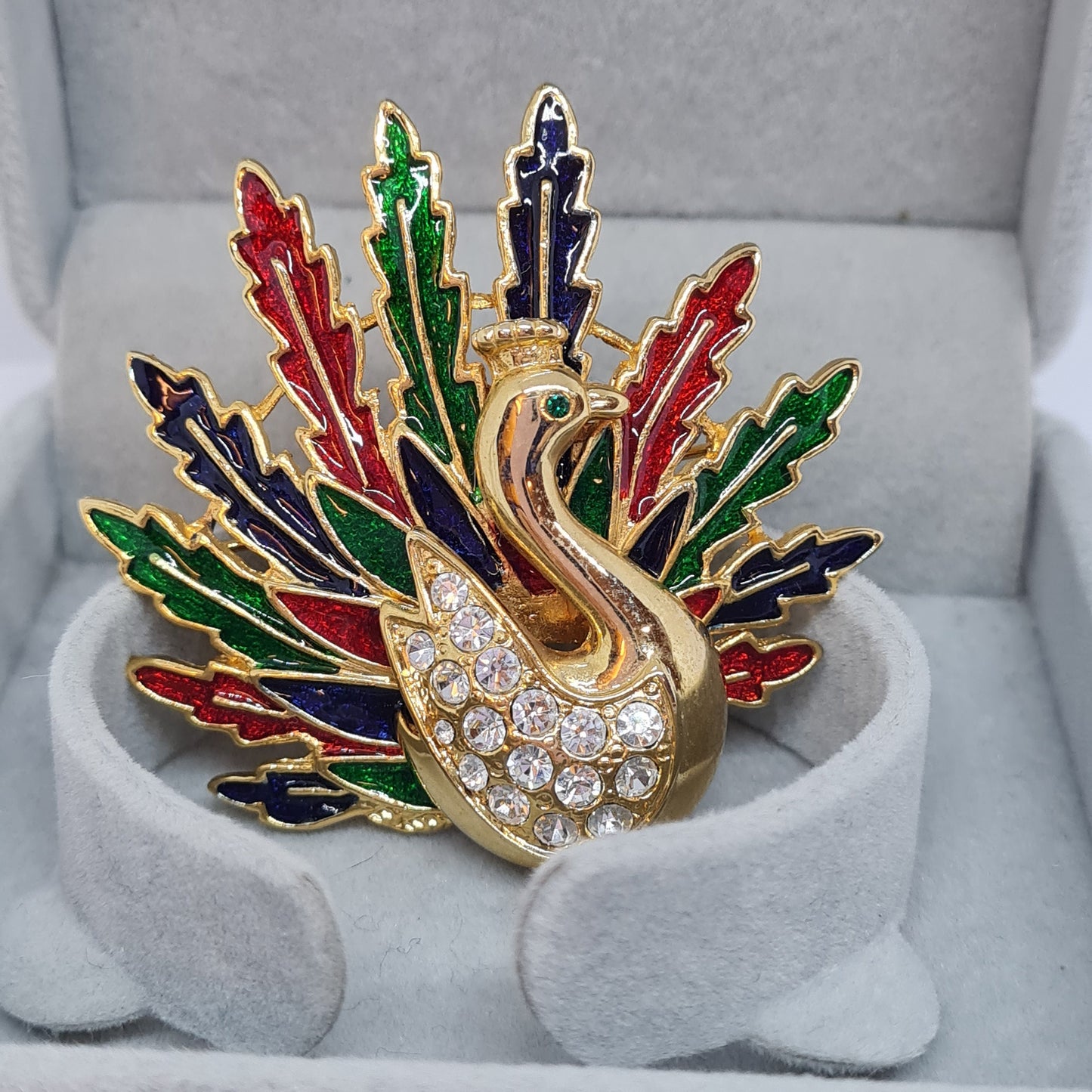 Vintage Peacock brooch Gold tone metal with enamel and rhinestones brooch pin