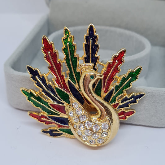 Vintage Peacock brooch Gold tone metal with enamel and rhinestones brooch pin
