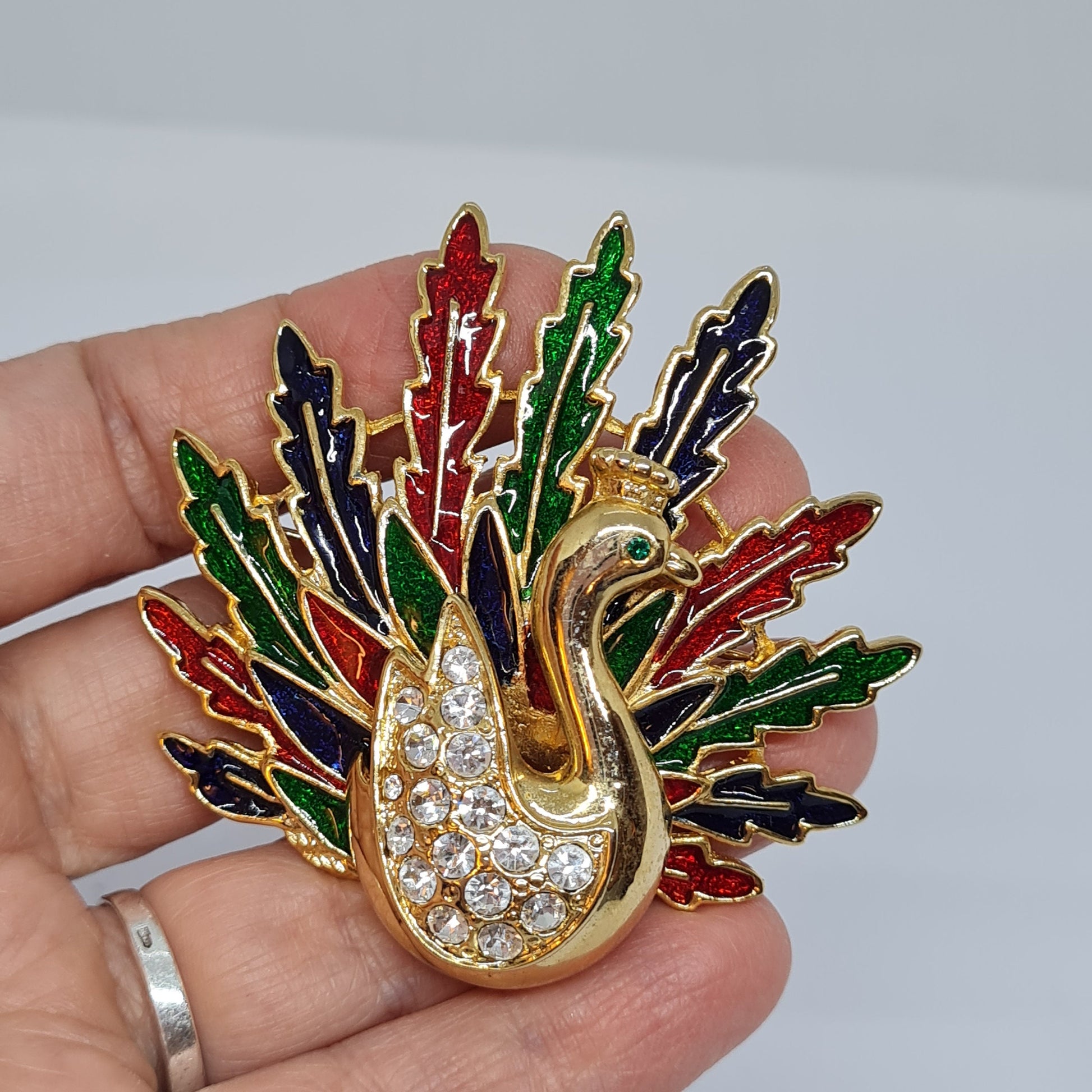 Vintage Peacock brooch Gold tone metal with enamel and rhinestones brooch pin