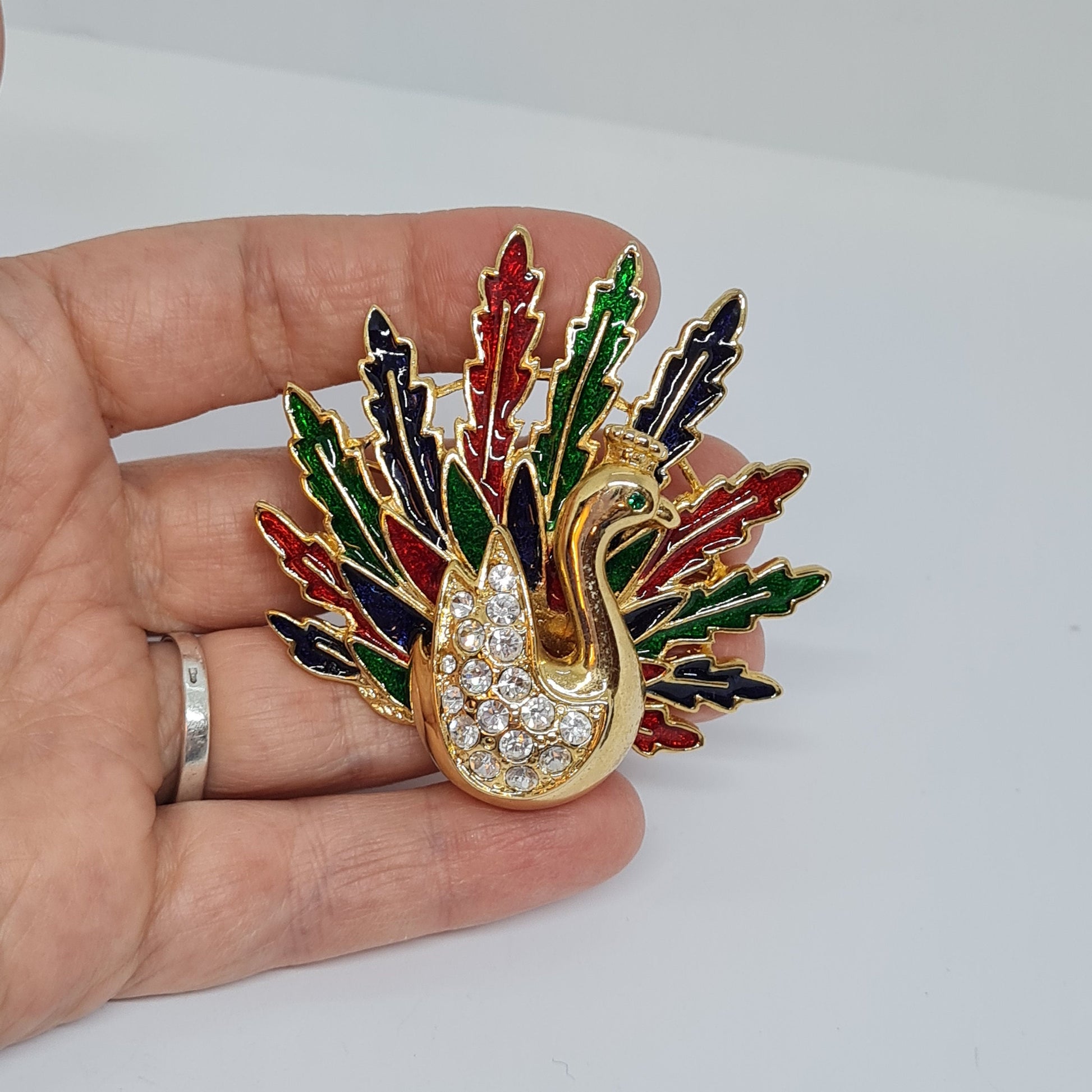 Vintage Peacock brooch Gold tone metal with enamel and rhinestones brooch pin
