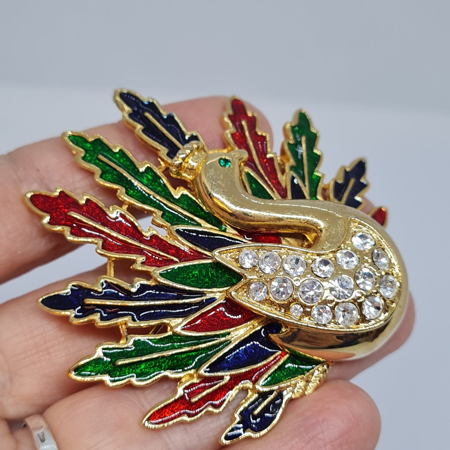Vintage Peacock brooch Gold tone metal with enamel and rhinestones brooch pin