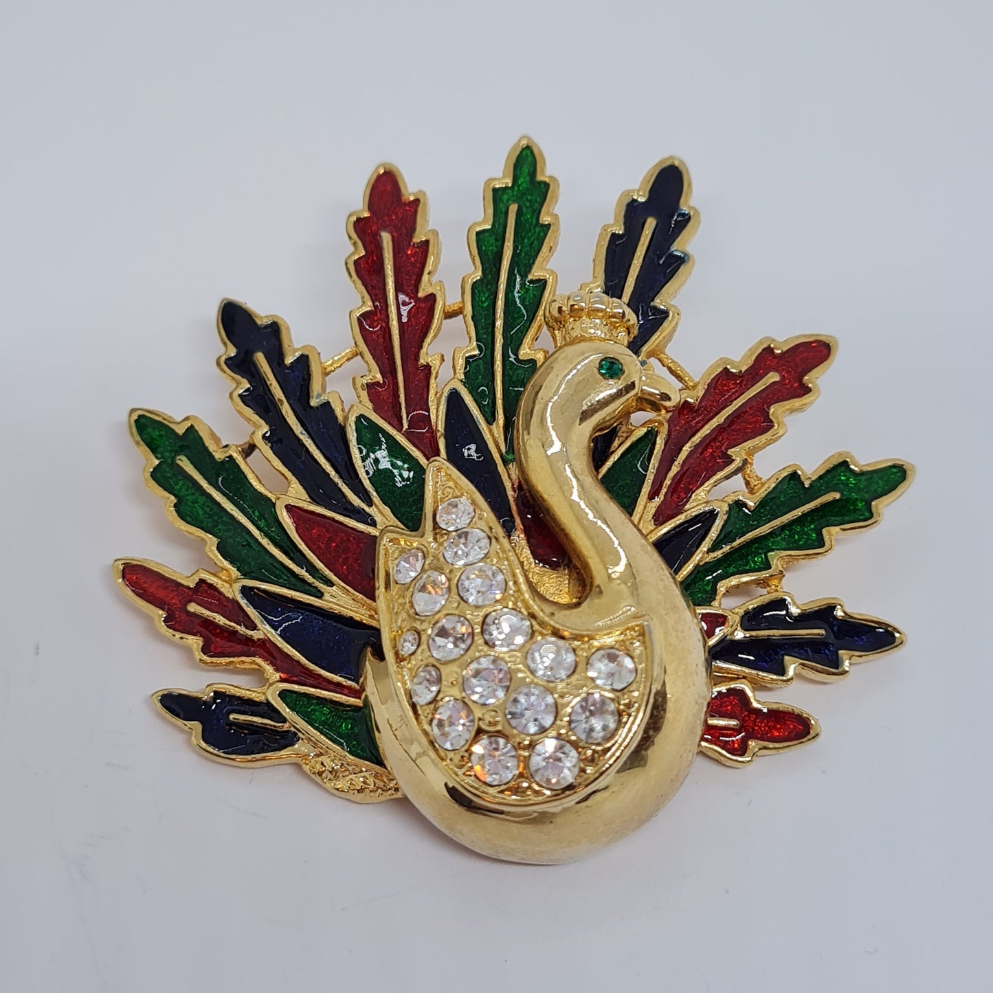 Vintage Peacock brooch Gold tone metal with enamel and rhinestones brooch pin