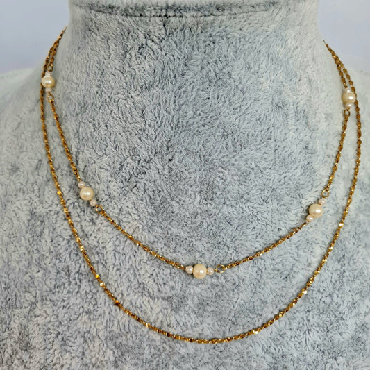 Vintage MEDICI chain necklace Gold tone metal with plastic pearls Two strand twisted chain