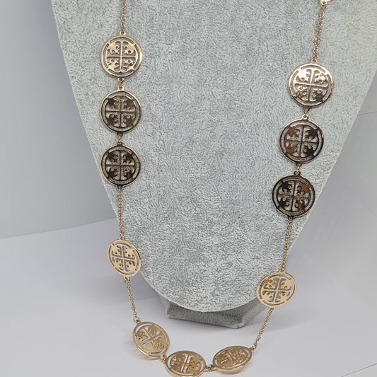 Vintage long chain necklace Gold tone metal chain with circle azure details